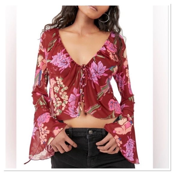 Free People Tops - Free People Paradise Floral Print Tie Ruched V-Neck Long Bell Sleeve Top